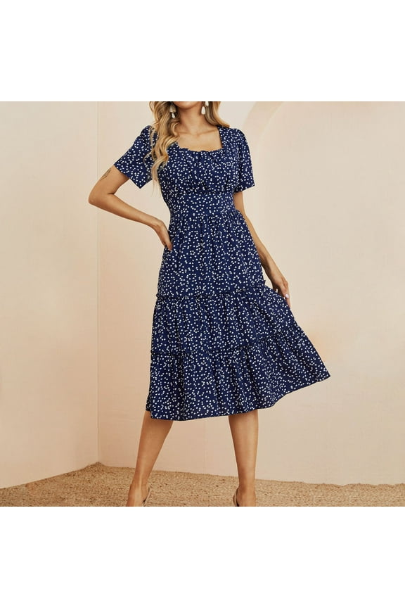 Summer Dresses,Petite Dresses 2022 Women's Summer Midi Dress Short Sleeve Heart Print Tunic Flowy Pleated Dress Elegant Dresses,Modest Dresses,Womens Dresses Navy Dress M