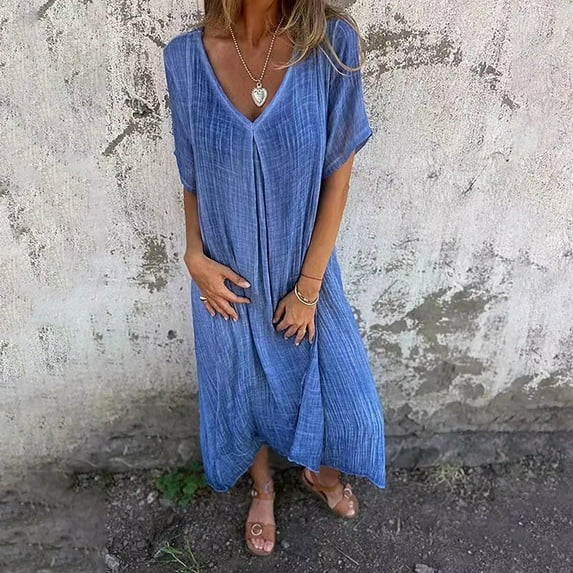 IDALL Summer Dresses,Petite Dresses Casual Spring And Summer Loose Skirt Short Sleeved V Neck Solid Color Cotton And Linen Dress Linen Dress,Modest Dresses,Womens Dresses Blue Dress M
