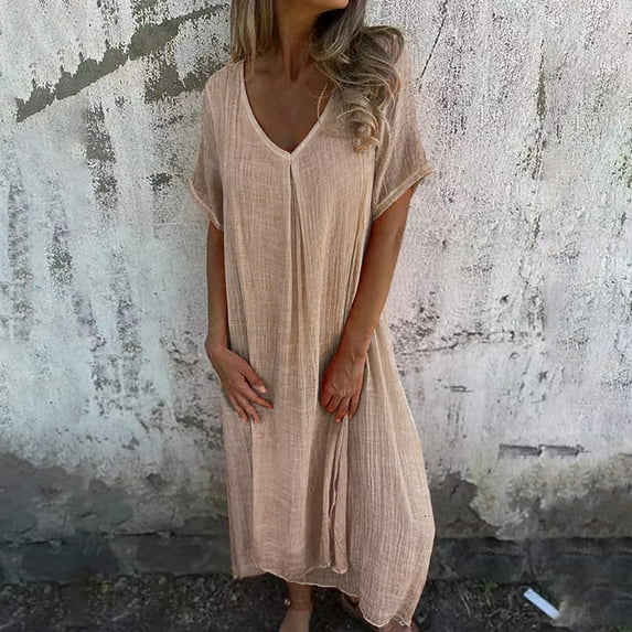 IDALL Summer Dresses,Petite Dresses Casual Spring And Summer Loose Skirt Short Sleeved V Neck Solid Color Cotton And Linen Dress Linen Dress,Modest Dresses,Womens Dresses Beige Dress L