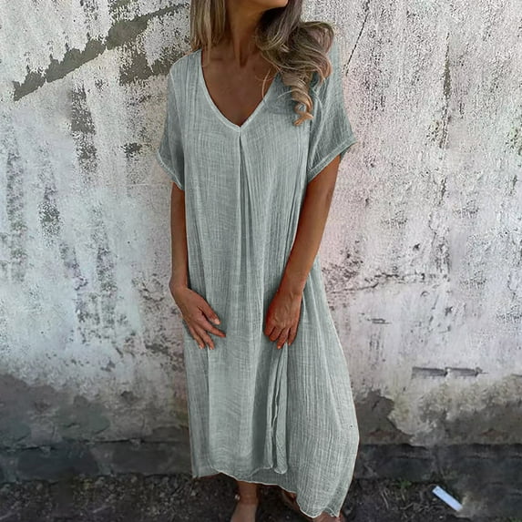 IDALL Summer Dresses,Petite Dresses Casual Spring And Summer Loose Skirt Short Sleeved V Neck Solid Color Cotton And Linen Dress Linen Dress,Modest Dresses,Womens Dresses Green Dress M