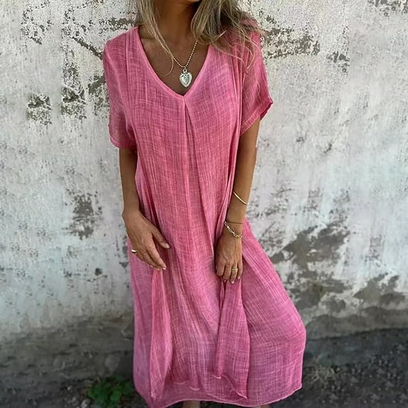 IDALL Summer Dresses,Petite Dresses Casual Spring And Summer Loose Skirt Short Sleeved V Neck Solid Color Cotton And Linen Dress Linen Dress,Modest Dresses,Womens Dresses Pink Dress S
