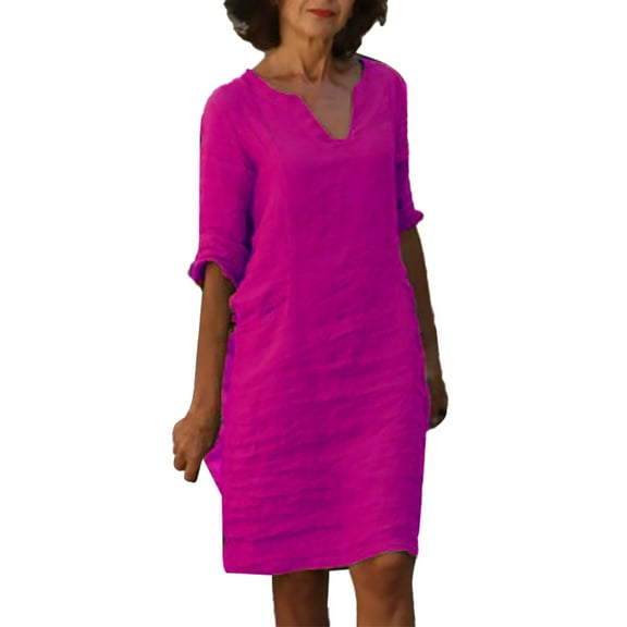 IDALL Summer Dresses,Petite Dresses Cotton And Linen Short Sleeve Holiday Semi Casual Women'S V Neck Mini Dress Solid Color Women'S Dress Linen Dress,Modest Dresses,Womens Dresses Purple Dress L