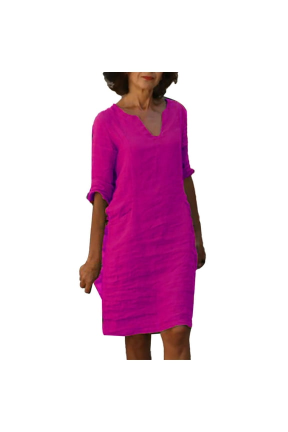 Summer Dresses,Petite Dresses Cotton And Linen Short Sleeve Holiday Semi Casual Women'S V Neck Mini Dress Solid Color Women'S Dress Linen Dress,Modest Dresses,Womens Dresses Purple Dress L