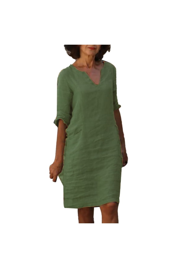 Summer Dresses,Petite Dresses Cotton And Linen Short Sleeve Holiday Semi Casual Women'S V Neck Mini Dress Solid Color Women'S Dress Linen Dress,Modest Dresses,Womens Dresses Army Green Dress M