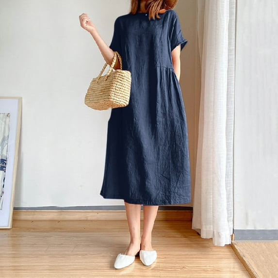 IDALL Summer Dresses,Petite Dresses Ladies Round Neck Short Sleeve Solid Color Loose Slim Mid Length Dress Elegant Dresses,Modest Dresses,Womens Dresses Navy Dress XL