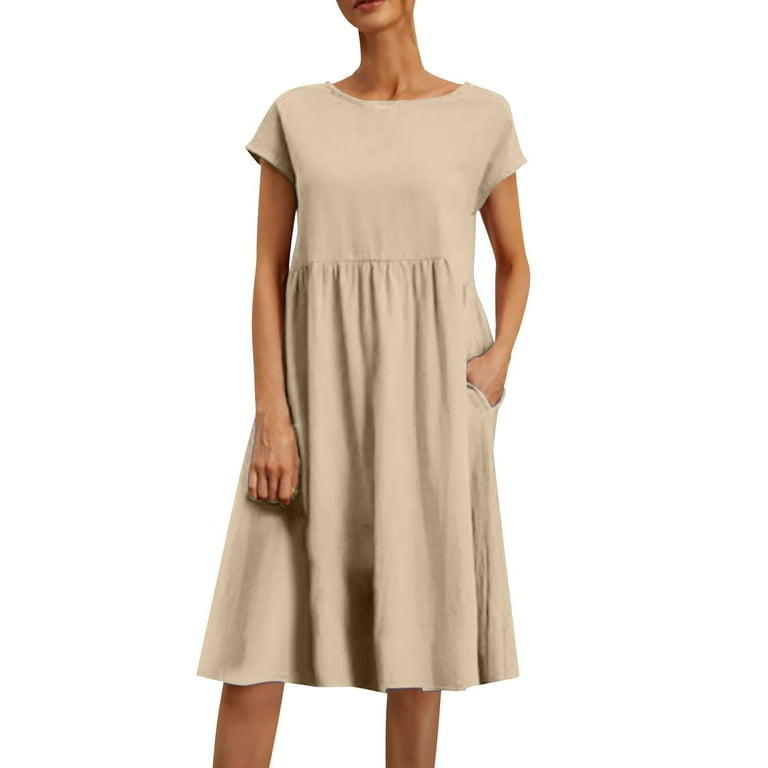 IDALL Summer Dresses Petite Dresses Ladies Summer Solid Color Fashion OL Temperament Women s Cotton And Linen Crew Neck A Line Skirt Dress Linen