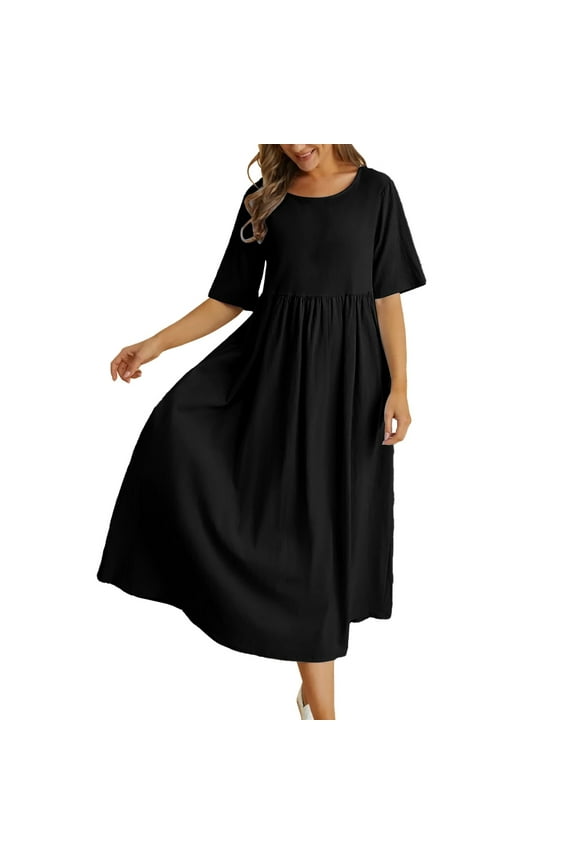 Summer Dresses,Petite Dresses Loose Cotton And Linen Round Neck Five Point Sleeve Midi Dress Large Size Maxi Dress Linen Dress,Modest Dresses,Womens Dresses Black Dress L