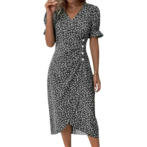 IDALL Summer Dresses,Petite Dresses Multicolor Summer New Women's V Neck Fragmented Flower Hem Irregular Floral Print Button Waist Dress Hawaiian Dresses,Modest Dresses,Womens Dresses Black Dress L