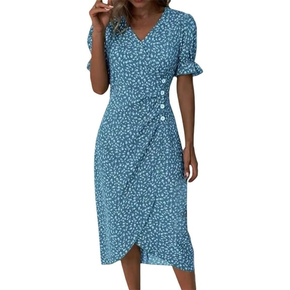 IDALL Summer Dresses,Petite Dresses Multicolor Summer New Women's V Neck Fragmented Flower Hem Irregular Floral Print Button Waist Dress Hawaiian Dresses,Modest Dresses,Womens Dresses Blue 1 Dress M
