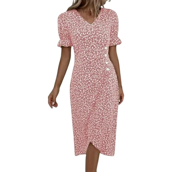 IDALL Summer Dresses,Petite Dresses Multicolor Summer New Women's V Neck Fragmented Flower Hem Irregular Floral Print Button Waist Dress Hawaiian Dresses,Modest Dresses,Womens Dresses Red 1 Dress S