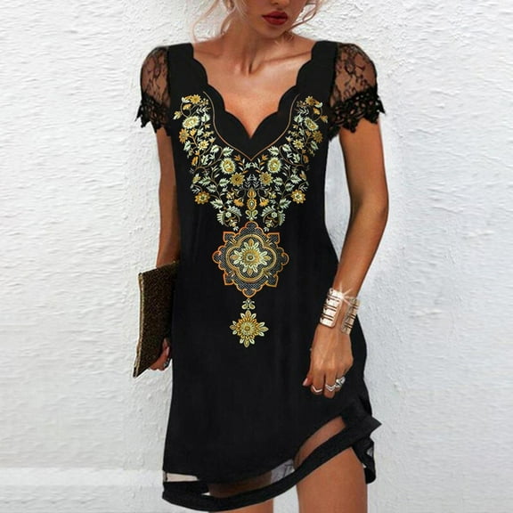IDALL Summer Dresses,Petite Dresses Women Lace Splice Dress Casual Wavy Folk Custom Print Swing Dress A Line Dress Loose Beach Sundress Hawaiian Dresses,Modest Dresses,Womens Dresses Yellow Dress M