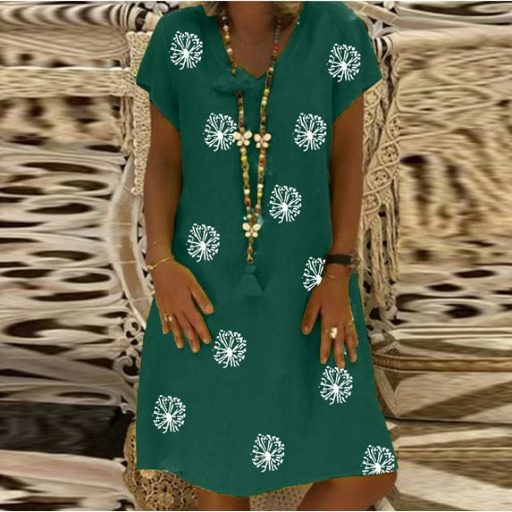 IDALL Summer Dresses,Petite Dresses Women Plus Size Casual Floral Printed V-neck Short Sleeve Dress Loose Dress Hawaiian Dresses,Modest Dresses,Womens Dresses Green Dress L
