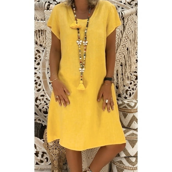 IDALL Summer Dresses,Petite Dresses Women Summer Style Feminino Vestido T-shirt Cotton Casual Plus Size Ladies Dress Linen Dress,Modest Dresses,Womens Dresses Yellow Dress L