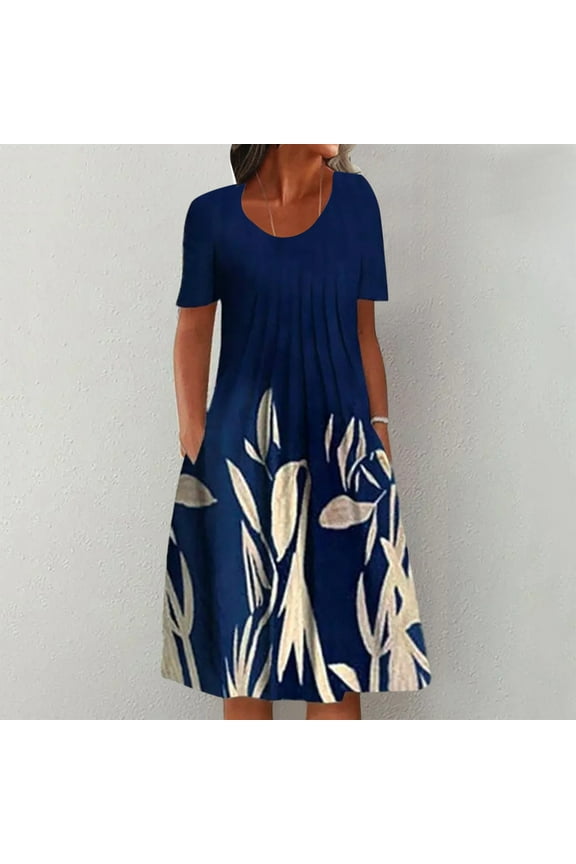 Summer Dresses,Petite Dresses Women Summer Casual Print Short Sleeve Dresses Empire Waist Dress With Pockets Hawaiian Dresses,Modest Dresses,Womens Dresses Dark Blue Dress L