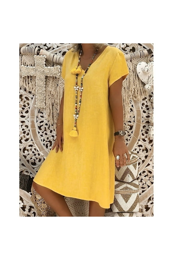 Summer Dresses,Petite Dresses Women Summer Style Feminino Vestido T-shirt Cotton Casual Plus Size Ladies Dress Linen Dress,Modest Dresses,Womens Dresses Yellow Dress M