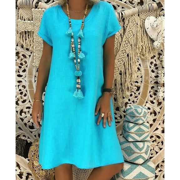IDALL Summer Dresses,Petite Dresses Women Summer Style Feminino Vestido T-shirt Cotton Casual Plus Size Ladies Dress Linen Dress,Modest Dresses,Womens Dresses Blue Dress 3XL