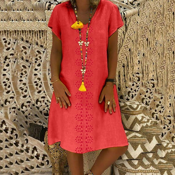 IDALL Summer Dresses,Petite Dresses Women Summer Style V-Neck Printed Cotton And Casual Plus Size Ladies Dress Linen Dress,Hawaiian Dresses,Modest Dresses Orange Dress M