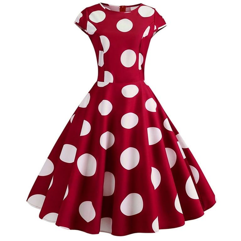 IDALL Summer Dresses Petite Dresses Women Vintage Retro Short Sleeve Dot Print Evening Party Prom Swing Dress Elegant Dresses Modest Dresses Womens