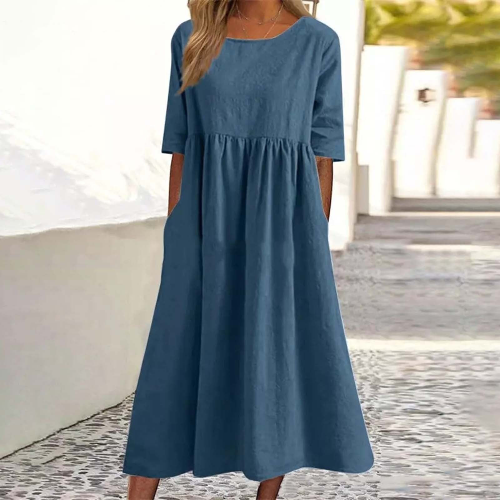 IDALL Summer Dresses,Petite Dresses Women's Fashionable Loose Cotton And  Linen Round Neck Half Sleeved Midi Dress Linen Dress,Modest Dresses,Womens  Dresses Navy Dress 2XL - Walmart.com