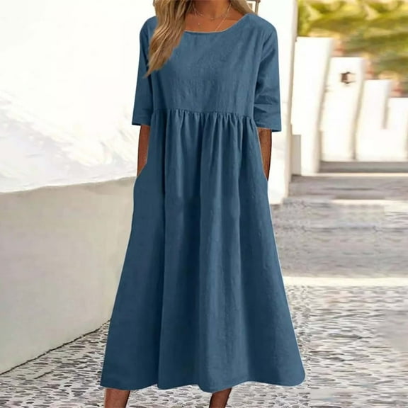 IDALL Summer Dresses,Petite Dresses Women's Fashionable Loose Cotton And Linen Round Neck Half Sleeved Midi Dress Linen Dress,Modest Dresses,Womens Dresses Navy Dress 2XL