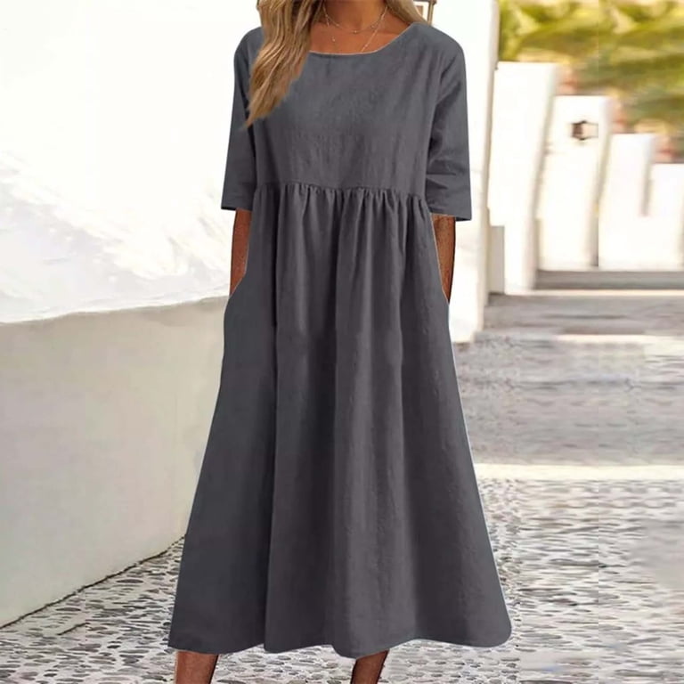 IDALL Summer Dresses,Petite Dresses Women's Fashionable Loose Cotton And Linen Round Neck Half Sleeved Midi Dress Linen Dress,Modest Dresses,Womens 