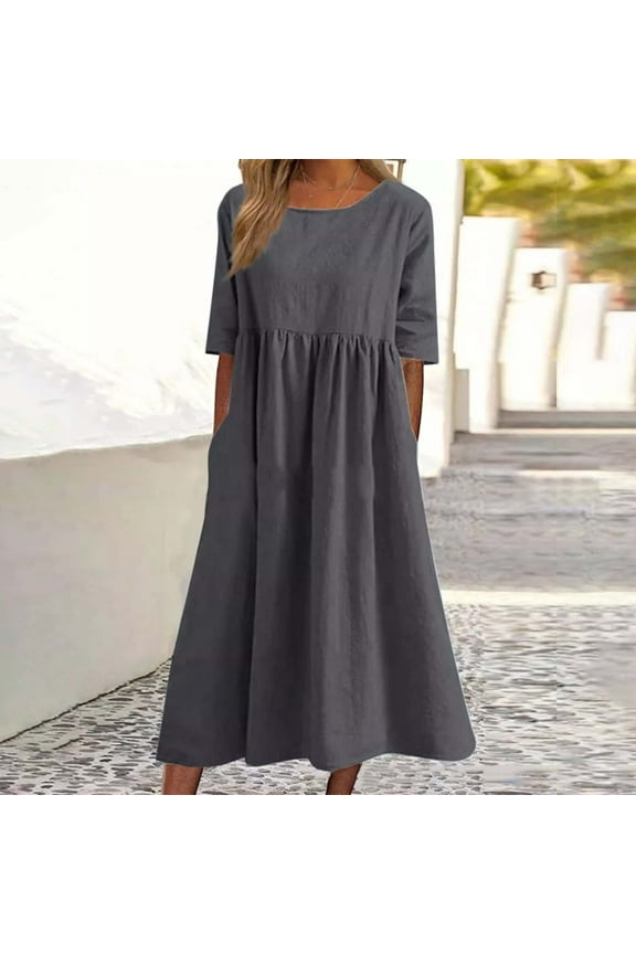 Summer Dresses,Petite Dresses Women's Fashionable Loose Cotton And Linen Round Neck Half Sleeved Midi Dress Linen Dress,Modest Dresses,Womens Dresses Gray Dress 2XL