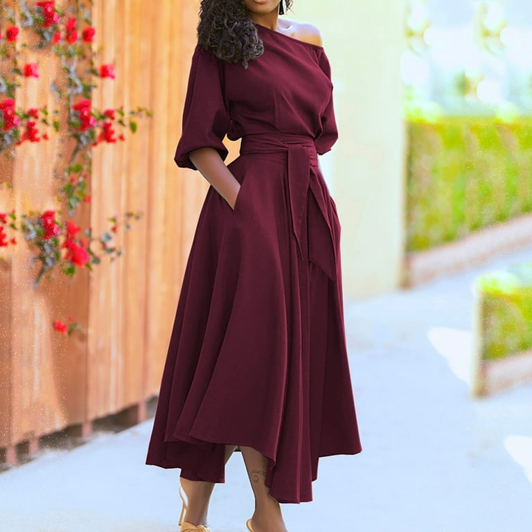 IDALL Summer Dresses Petite Dresses Women s Summer Off Shoulder Irregular Hem Casual A Line Maxi Dress With Belt Wrap Dress Modest Dresses Womens