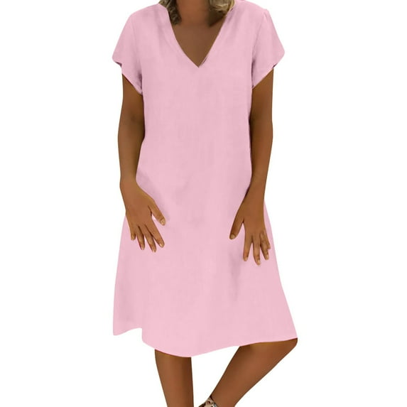 IDALL Summer Dresses,Petite Dresses Women's Relaxed Solid Color Fit Terry Cotton And Short Sleeve V Neck Dress Elegant Dresses,Modest Dresses,Womens Dresses Pink Dress 5XL
