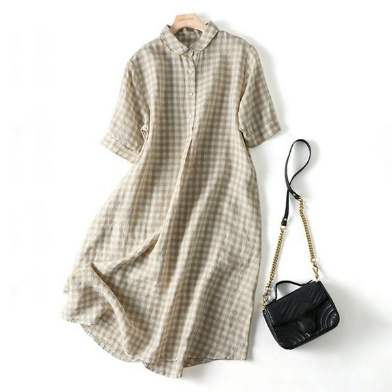 IDALL Summer Dresses,Petite Dresses Women's Solid Color Plaid Button Cotton And Linen Retro Short Sleeved Long Dress Linen Dress,Modest Dresses,Womens Dresses Beige Dress L