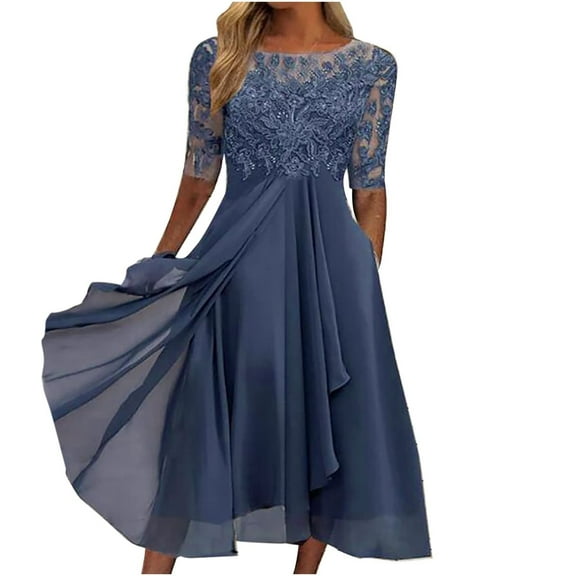IDALL Summer Dresses,Petite Dresses Women's Tea Length Embroidery Lace Chiffon Dress Mock Dress Elegant Dresses,Modest Dresses,Womens Dresses Blue Dress L