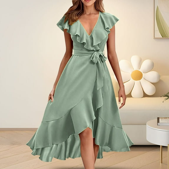 IDALL Summer Dresses,Petite Dresses Women's V Neck Short Sleeve Ruffled Long Lace Up Dress Elegant Dresses,Fit And Flare Dress,Womens Dresses Green 4 Dress S