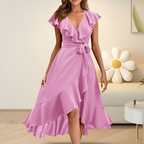 IDALL Summer Dresses,Petite Dresses Women's V Neck Short Sleeve Ruffled Long Lace Up Dress Elegant Dresses,Fit And Flare Dress,Womens Dresses Pink Dress S