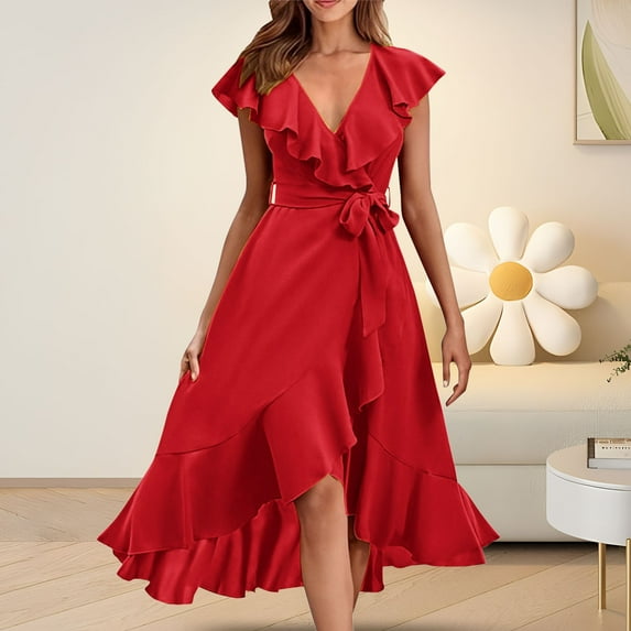 IDALL Summer Dresses,Petite Dresses Women's V Neck Short Sleeve Ruffled Long Lace Up Dress Elegant Dresses,Fit And Flare Dress,Womens Dresses Red 1 Dress L