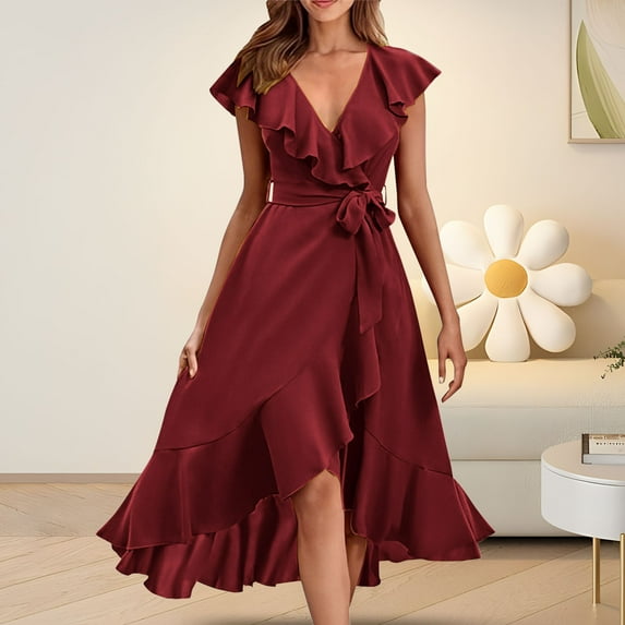 IDALL Summer Dresses,Petite Dresses Women's V Neck Short Sleeve Ruffled Long Lace Up Dress Elegant Dresses,Fit And Flare Dress,Womens Dresses Red 3 Dress M