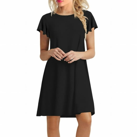 IDALL Summer Dresses,Petite Dresses Womens es Ruffle Short Sleeve Casual Beach Tshirt Dress Round Neck Loose Swing Sundress With Pockets Elegant Dresses,Modest Dresses,Womens Dresses Black Dress M