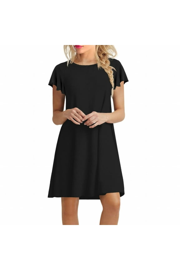 Summer Dresses,Petite Dresses Womens es Ruffle Short Sleeve Casual Beach Tshirt Dress Round Neck Loose Swing Sundress With Pockets Elegant Dresses,Modest Dresses,Womens Dresses Black Dress L