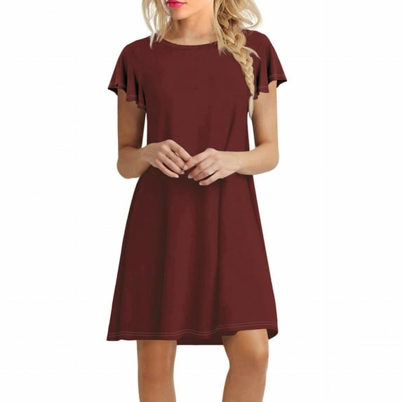 IDALL Summer Dresses,Petite Dresses Womens es Ruffle Short Sleeve Casual Beach Tshirt Dress Round Neck Loose Swing Sundress With Pockets Elegant Dresses,Modest Dresses,Womens Dresses Wine Dress L