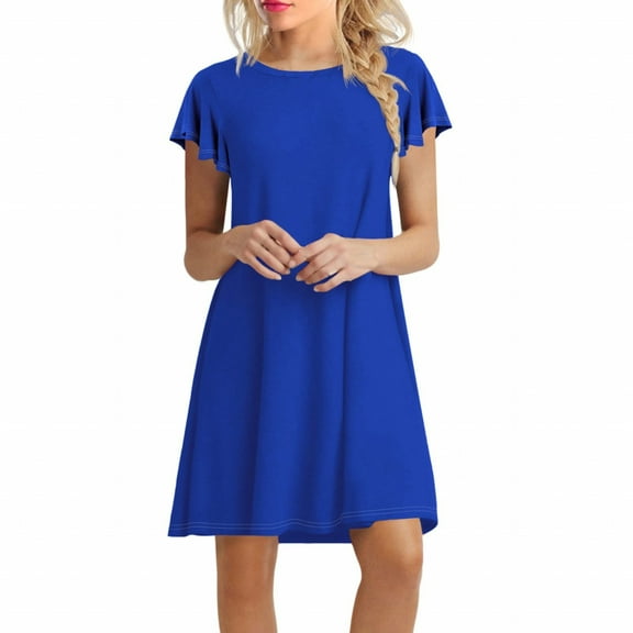 IDALL Summer Dresses,Petite Dresses Womens es Ruffle Short Sleeve Casual Beach Tshirt Dress Round Neck Loose Swing Sundress With Pockets Elegant Dresses,Modest Dresses,Womens Dresses Blue Dress M