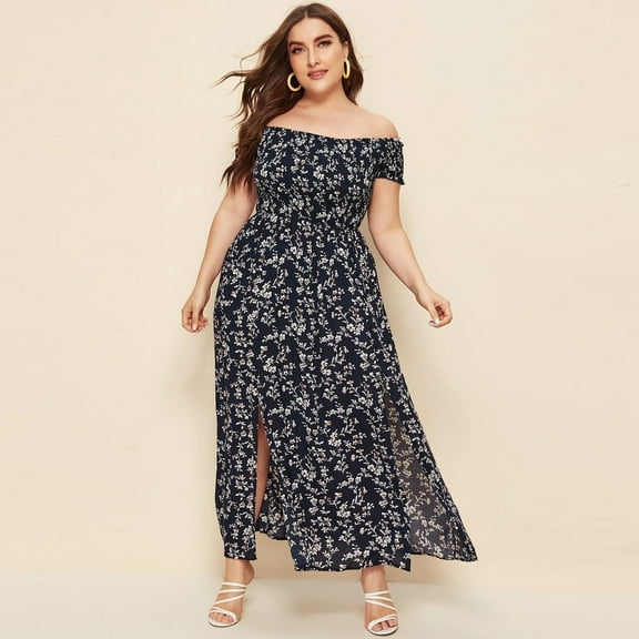 IDALL Summer Dresses,Plus Size Dresses Women Plus Size Plus Off Shoulder Shirred Bodice Split Thigh Ditsy Floral Dress Maxi Dresses,Boho Dresses,Casual Dresses Navy Dress 2XL