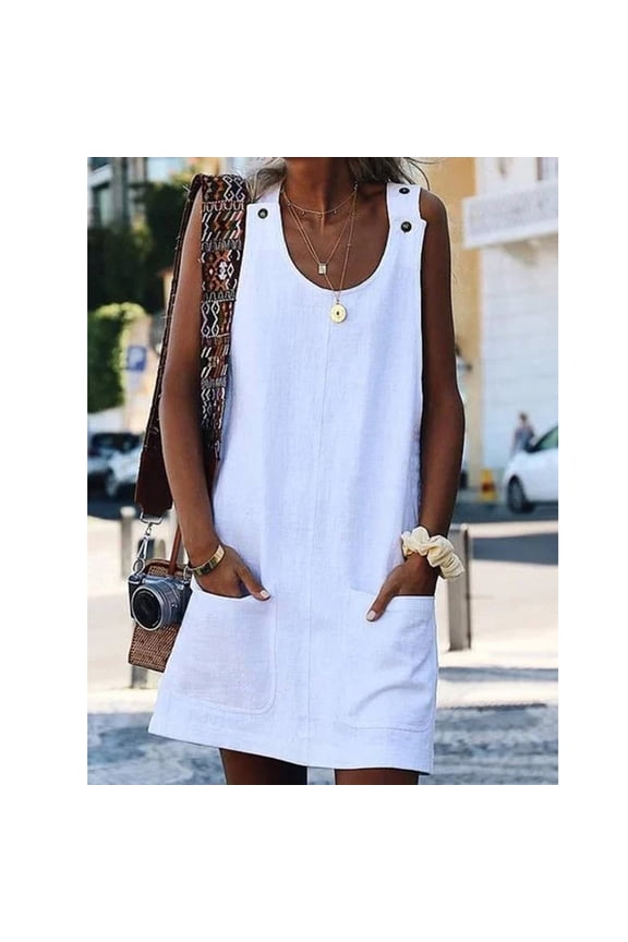 Summer Dresses,Sundresses for Women Crew Neck Women Dresses Shift Daily Casual Button Plain Cotton Dresses Beach Dress,Petite Dresses,Womens Dresses White Dress M
