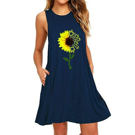 IDALL Summer Dresses,Sundresses for Women Fashion Womens Pocket Sunflower Printing Sleeveless Casual Nightdress Dresses Beach Dress,Petite Dresses,Hawaiian Dresses Navy Dress 5XL