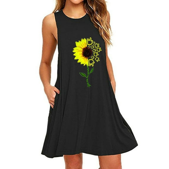 IDALL Summer Dresses,Sundresses for Women Fashion Womens Pocket Sunflower Printing Sleeveless Casual Nightdress Dresses Beach Dress,Petite Dresses,Hawaiian Dresses Black Dress S