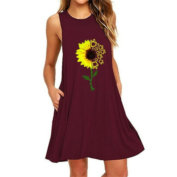 IDALL Summer Dresses,Sundresses for Women Fashion Womens Pocket Sunflower Printing Sleeveless Casual Nightdress Dresses Beach Dress,Petite Dresses,Hawaiian Dresses Wine Dress XL