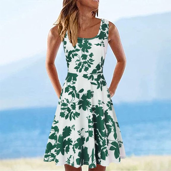 IDALL Summer Dresses,Sundresses for Women Ladies Summer Sleeveless U-neck A-line Short Casual Printed Loose Dress Beach Dress,Petite Dresses,Hawaiian Dresses Green Dress M