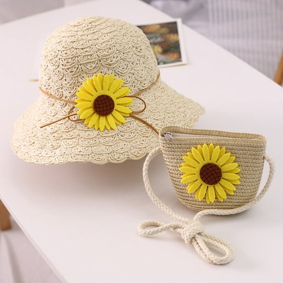 IDALL Sun Hat Straw Hat Girls 2-8 Age Straw Hat Tourism Sun Hat Flower Children Sun Hat And Bag Set Toddler Hats Summer Hats Beige One Size