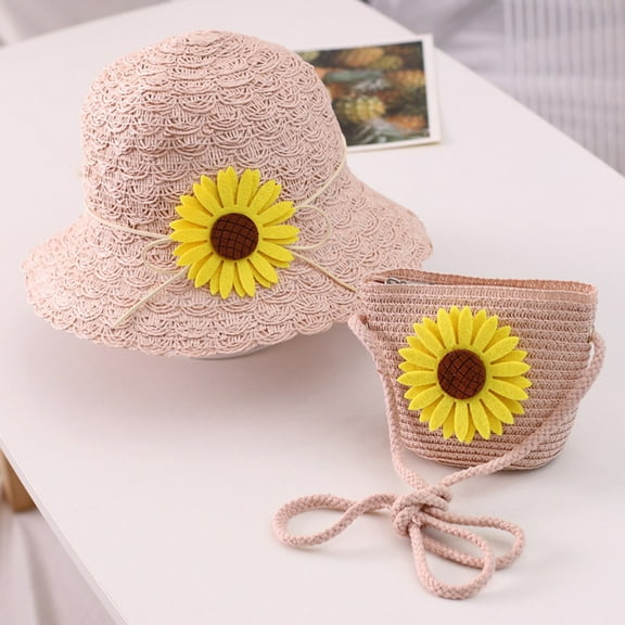 IDALL Sun Hat Straw Hat Girls 2-8 Age Straw Hat Tourism Sun Hat Flower Children Sun Hat And Bag Set Toddler Hats Summer Hats Pink One Size