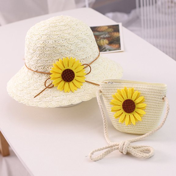 IDALL Sun Hat Straw Hat Girls 2-8 Age Straw Hat Tourism Sun Hat Flower Children Sun Hat And Bag Set Toddler Hats Summer Hats White One Size