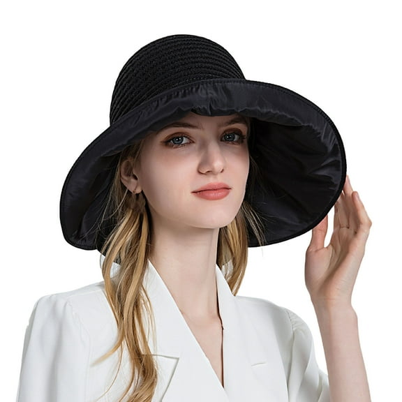 IDALL Sun Hat Visor Hats Women Outdoor Sunscreen Sun Hat All Match Tethered Large Brimmed Sun Hat Beach Hat Summer Hats Black One Size