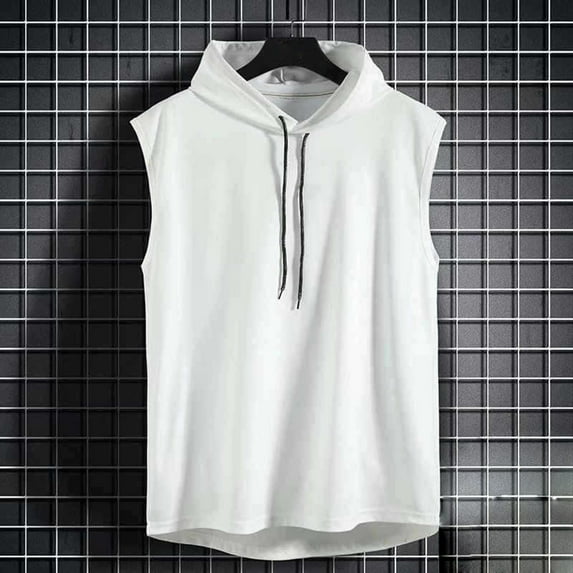 IDALL Tank Tops Men Hoodie Sleeveless Shirts for Men Sleeveless Vest Top T Shirt Hooded Hoodie Workout Shirts for Men White L