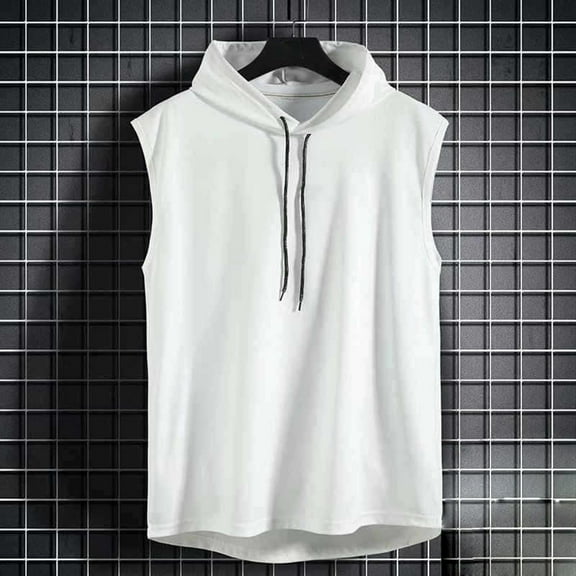 IDALL Tank Tops Men Hoodie Sleeveless Shirts for Men Sleeveless Vest Top T Shirt Hooded Hoodie Workout Shirts for Men White M